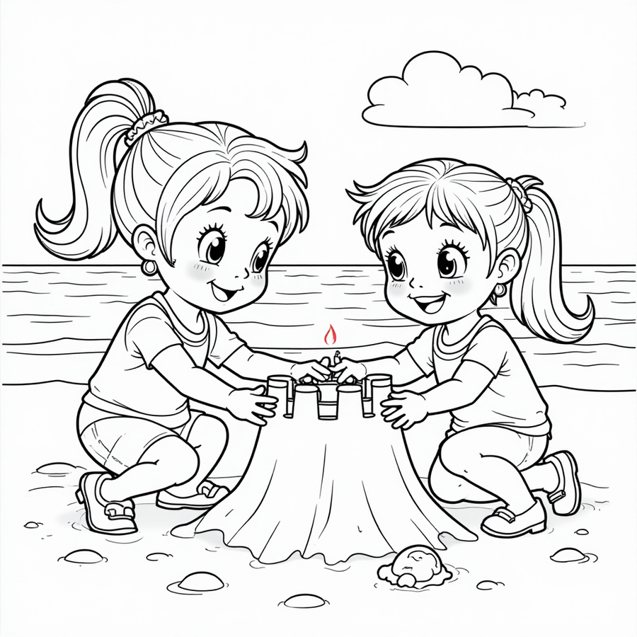 Rainbow Friends building a sandcastle on the beach