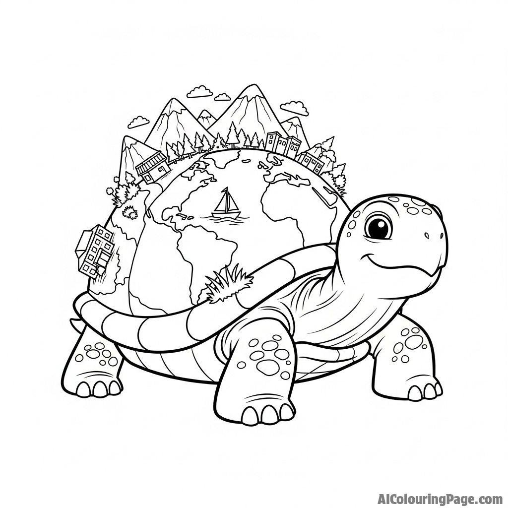 A giant turtle carrying a miniature world on its shell.