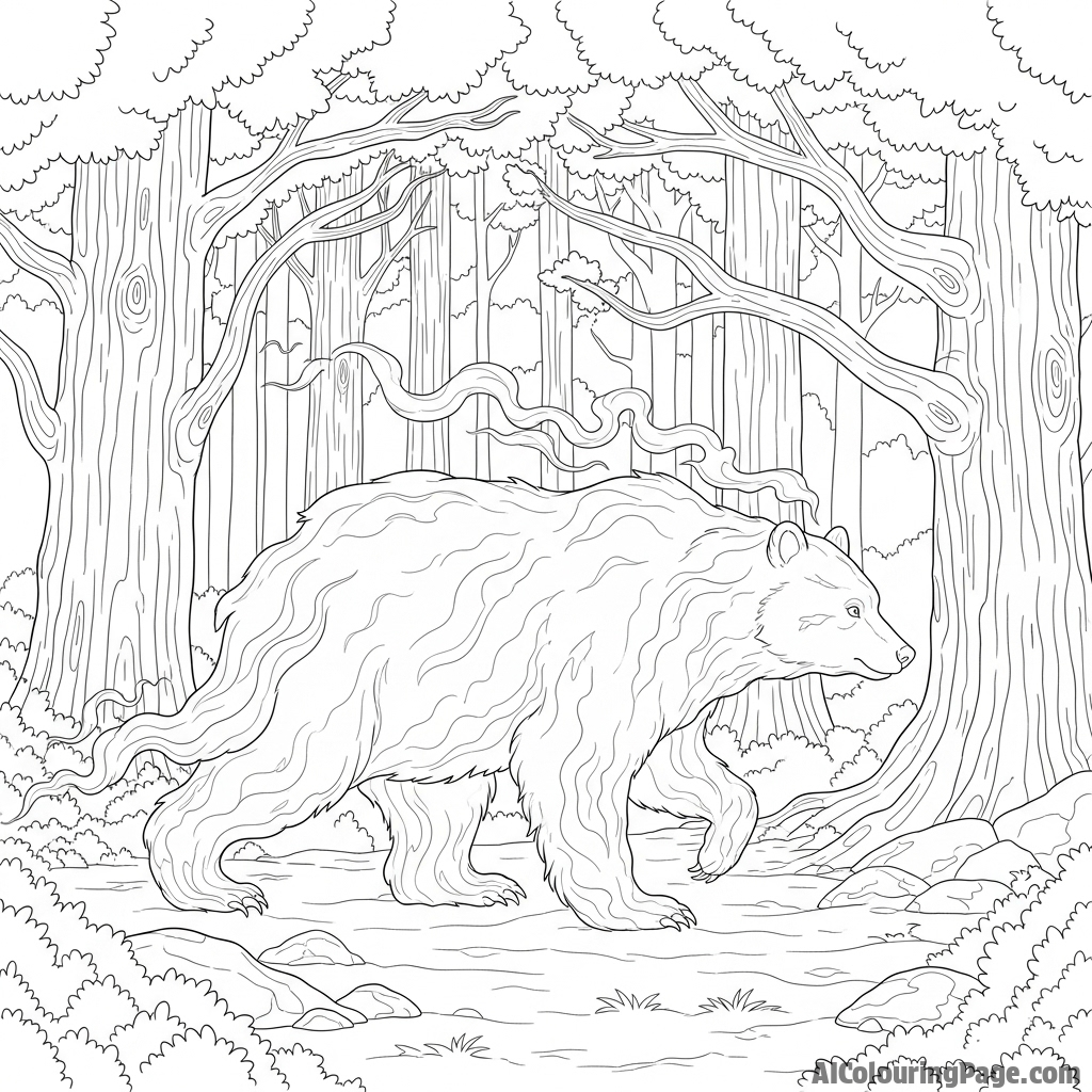 A ghost-like spirit bear made of ethereal smoke, drifting through an old-growth forest.