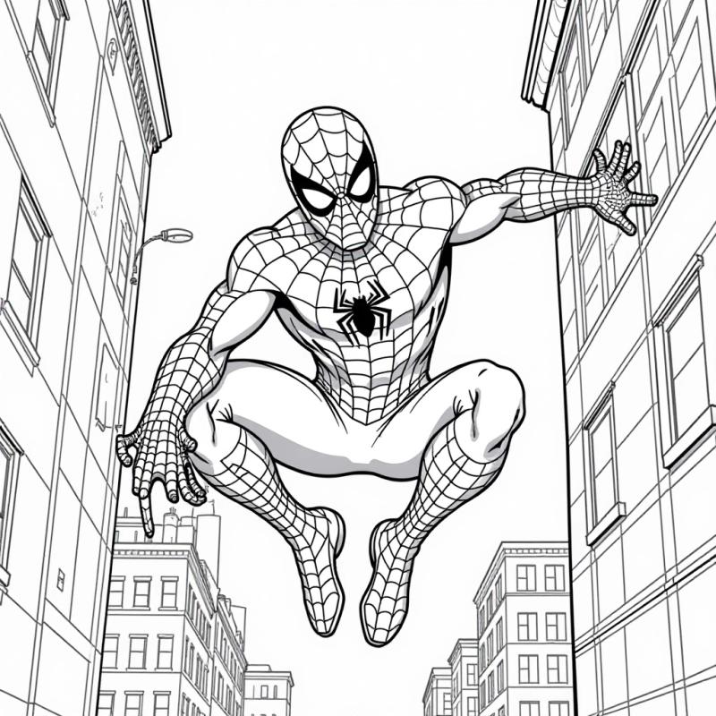 Spiderman swinging between building coloring page