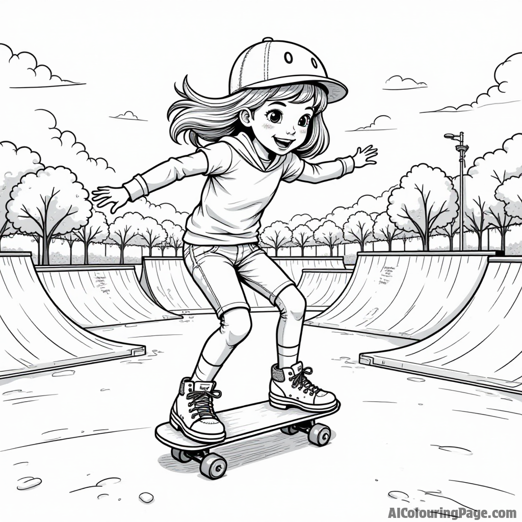 A young girl practicing roller-skating tricks in an empty skate park, with ramps and graffiti, encouraging creativity and skill development in a fun sports coloring page for children.