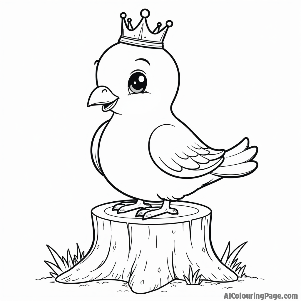 A cartoon dove wearing a tiny crown while sitting on a tree stump, ideal for a fun children’s coloring page.