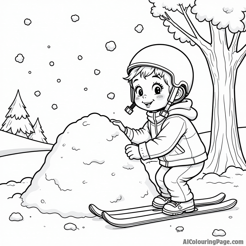 An energetic child building a snow fort while wearing a ski helmet, with a pair of skis leaning against a tree and snowflakes gently falling in a playful winter landscape.