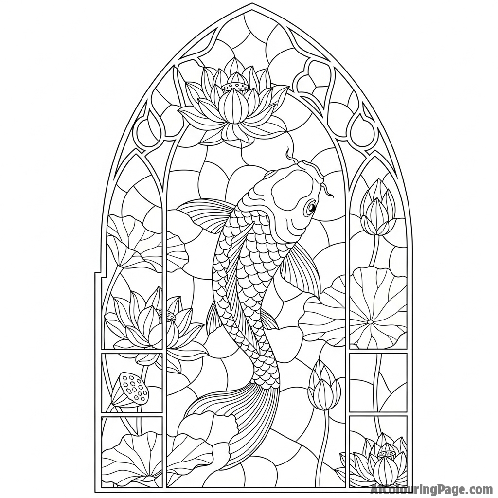 A stained glass window design of a koi fish among stylized lotus flowers.