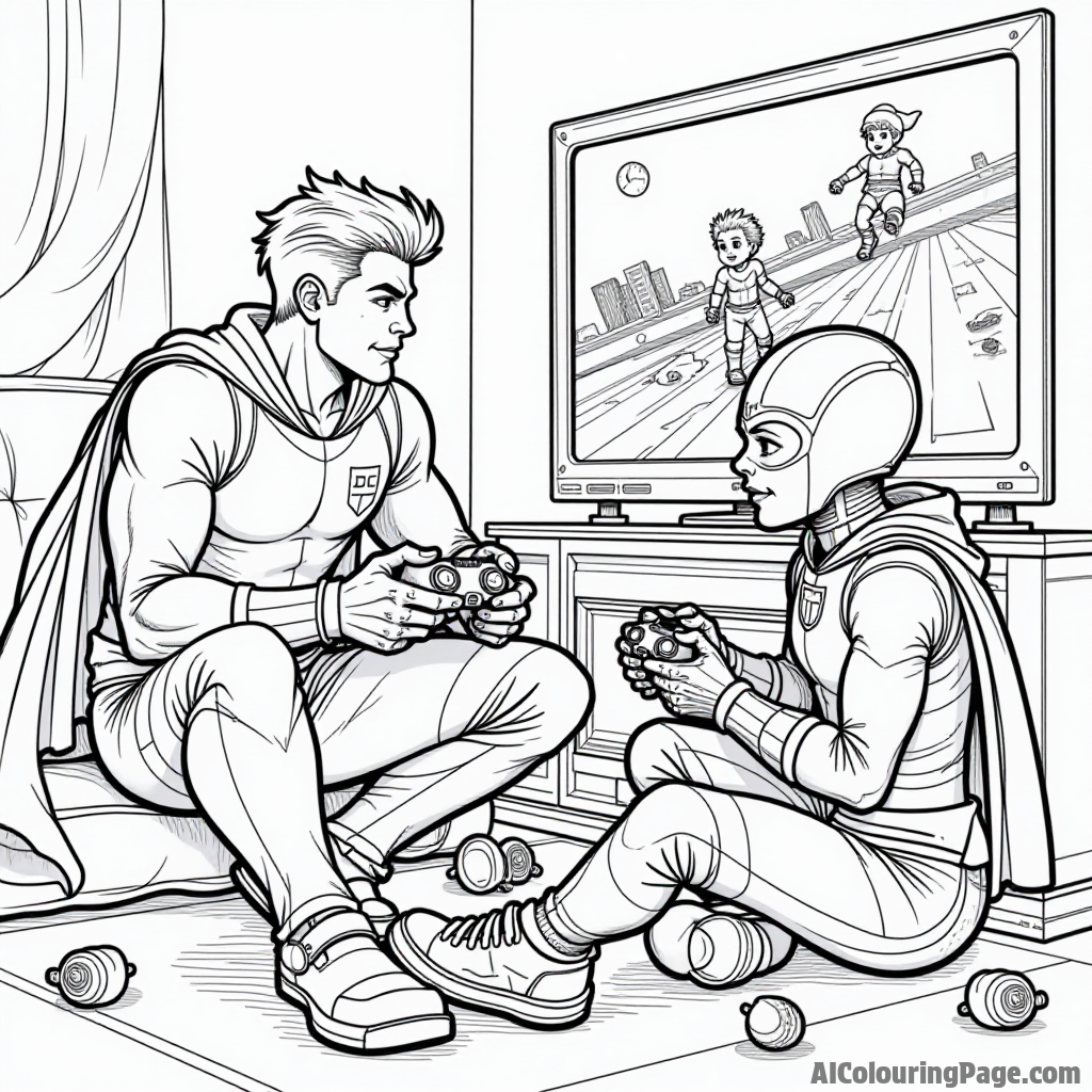 Beast Boy and Cyborg playing video games, snacks scattered around, with a huge TV displaying their game in action.