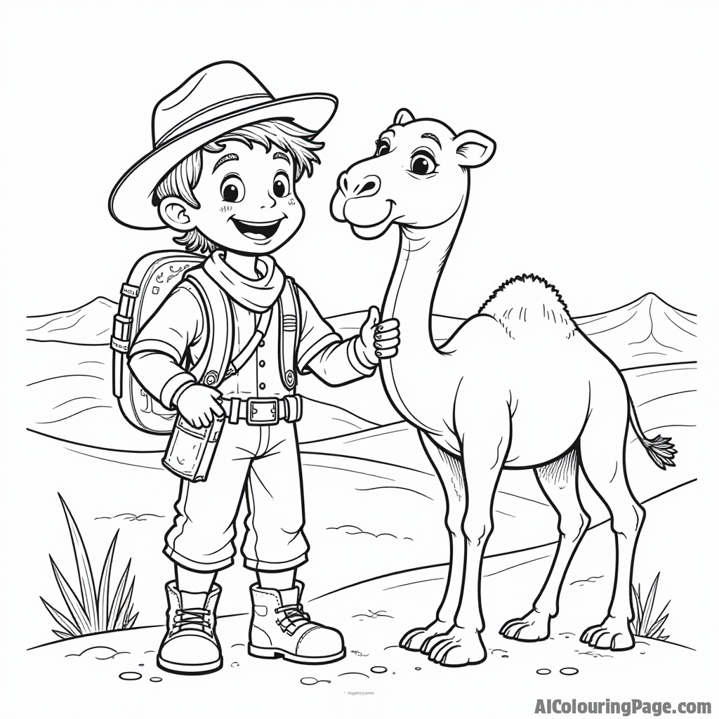 A cheerful explorer holding a map while standing next to a friendly camel with a backdrop of rolling dunes, highlighting the joy of adventure in a simple and engaging coloring page.