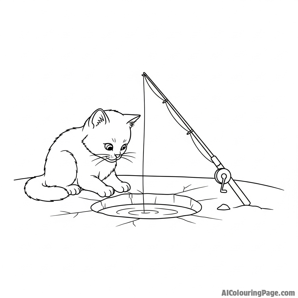 A cat sitting patiently by a fishing hole in the ice.