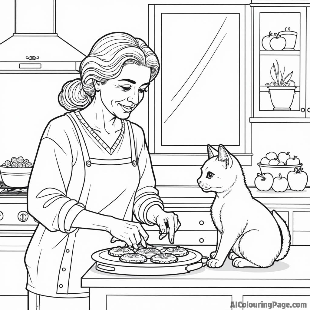 A cozy kitchen scene with a grandmother baking apple cookies, with a cat curiously watching from the countertop.