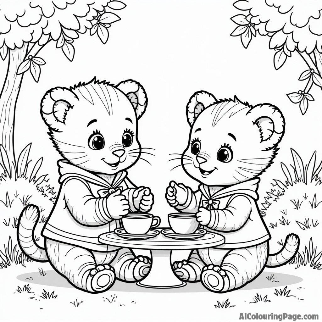 Daniel Tiger and Katerina Kittycat having a tea party with toy cups, plates, and delicious pretend treats in a sunny garden.