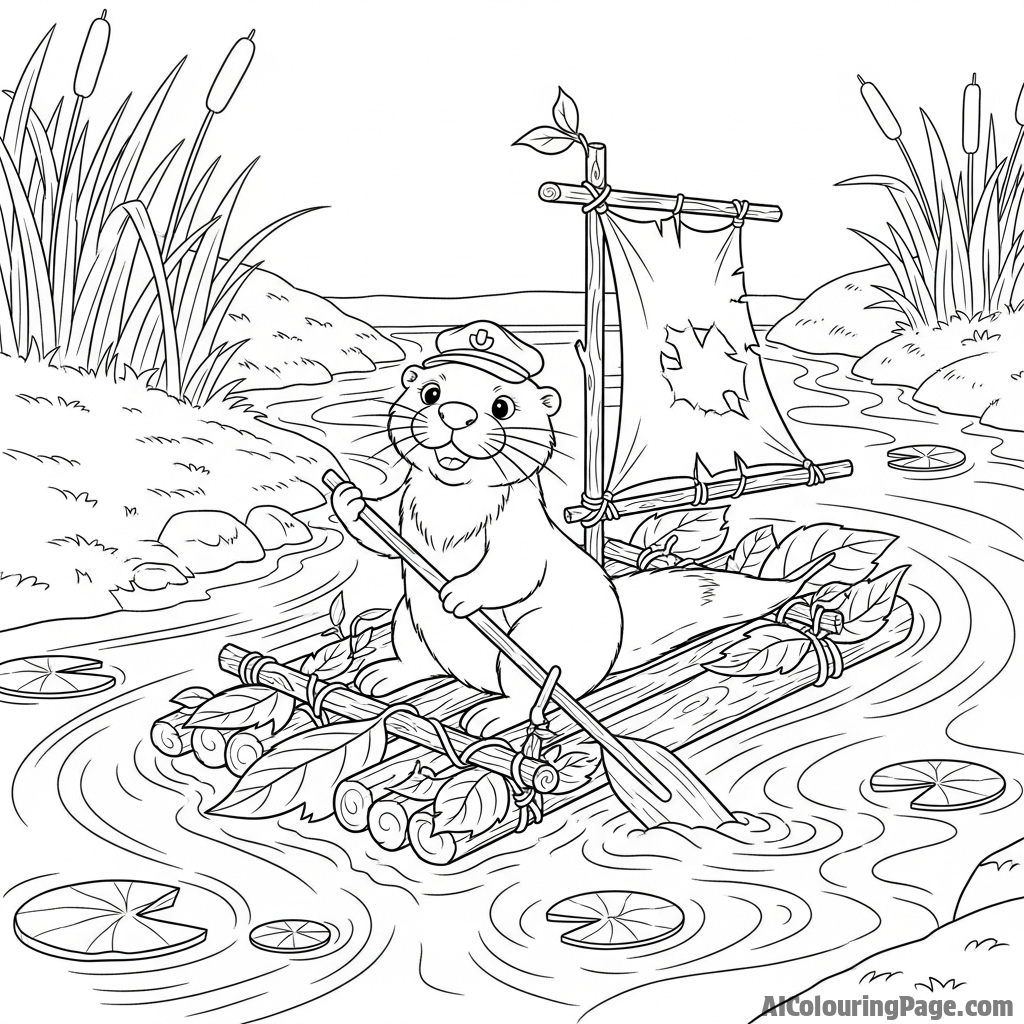 An otter navigating a small, handcrafted raft down a stream.