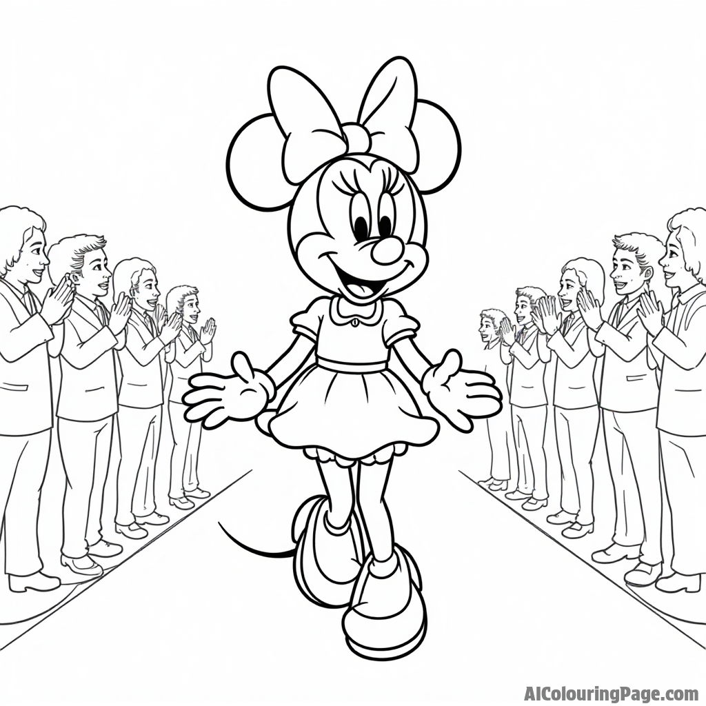 Minnie Mouse at a fashion show, walking down the runway in stylish clothes, with cameras flashing and onlookers cheering