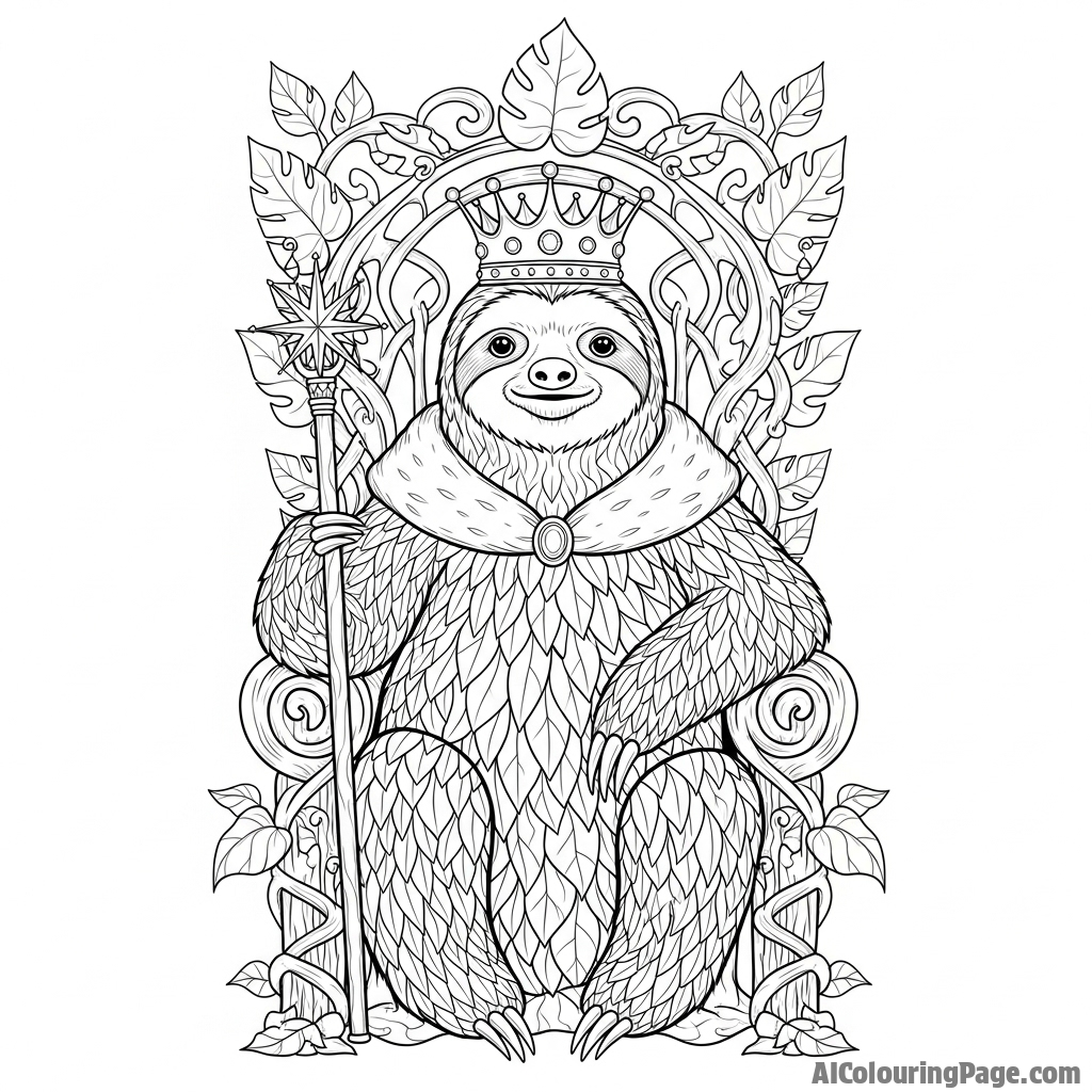 A sloth as a king, sitting on a throne made of intertwined vines.