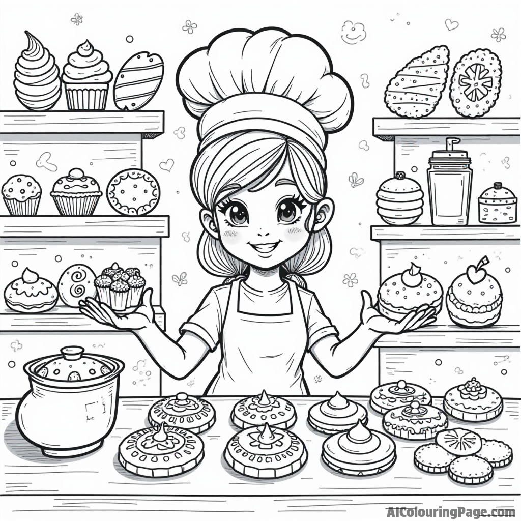 A whimsical bakery display filled with cookies of all shapes and sizes, with a baker proudly showcasing her creations.