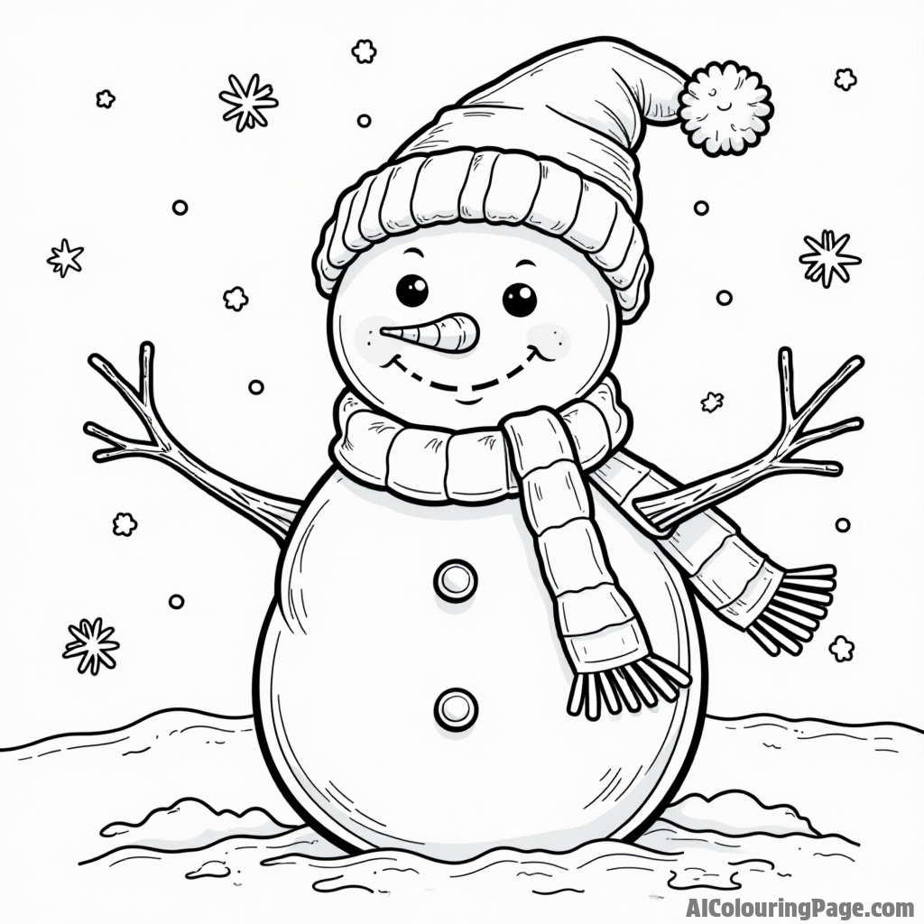 A lovely snowman wearing a scarf and hat, with a carrot nose, standing in a winter wonderland filled with snowflakes.