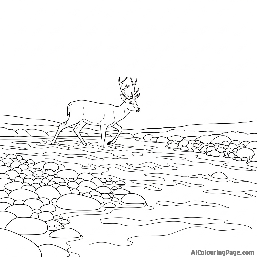 A deer crossing a shallow, fast-flowing river over smooth stones.