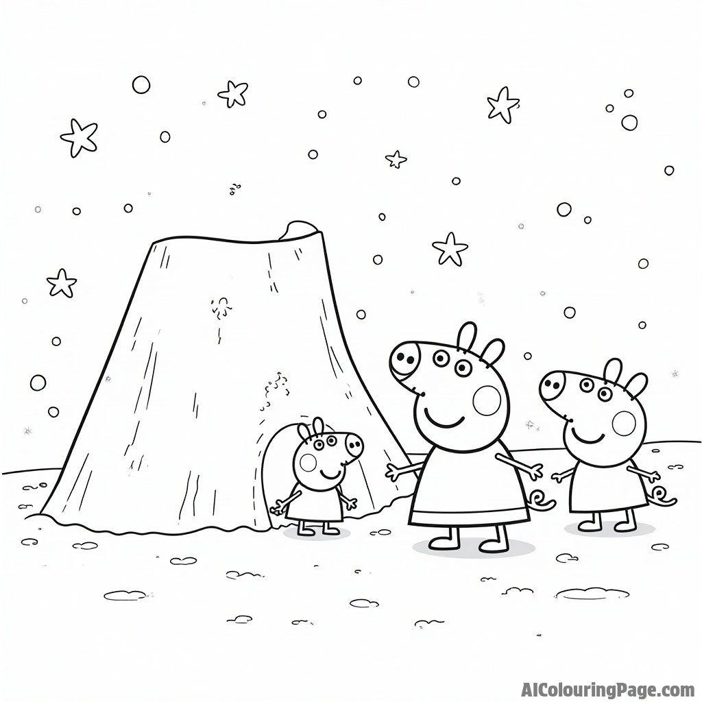 Peppa Pig and her friends making a giant snow fort in the winter with snowflakes falling around them happily.