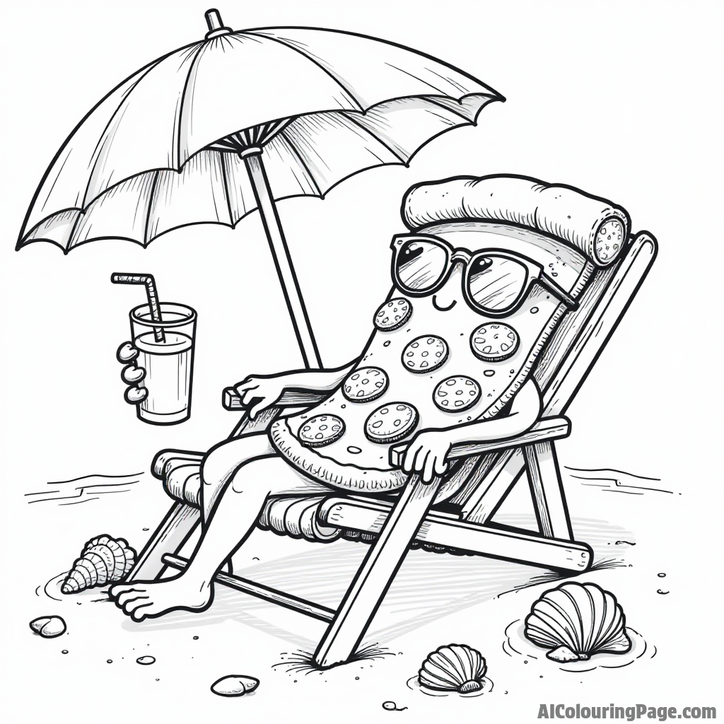 A pizza slice relaxing on a beach chair with sunglasses, sipping a drink, surrounded by seashells and a beach umbrella.