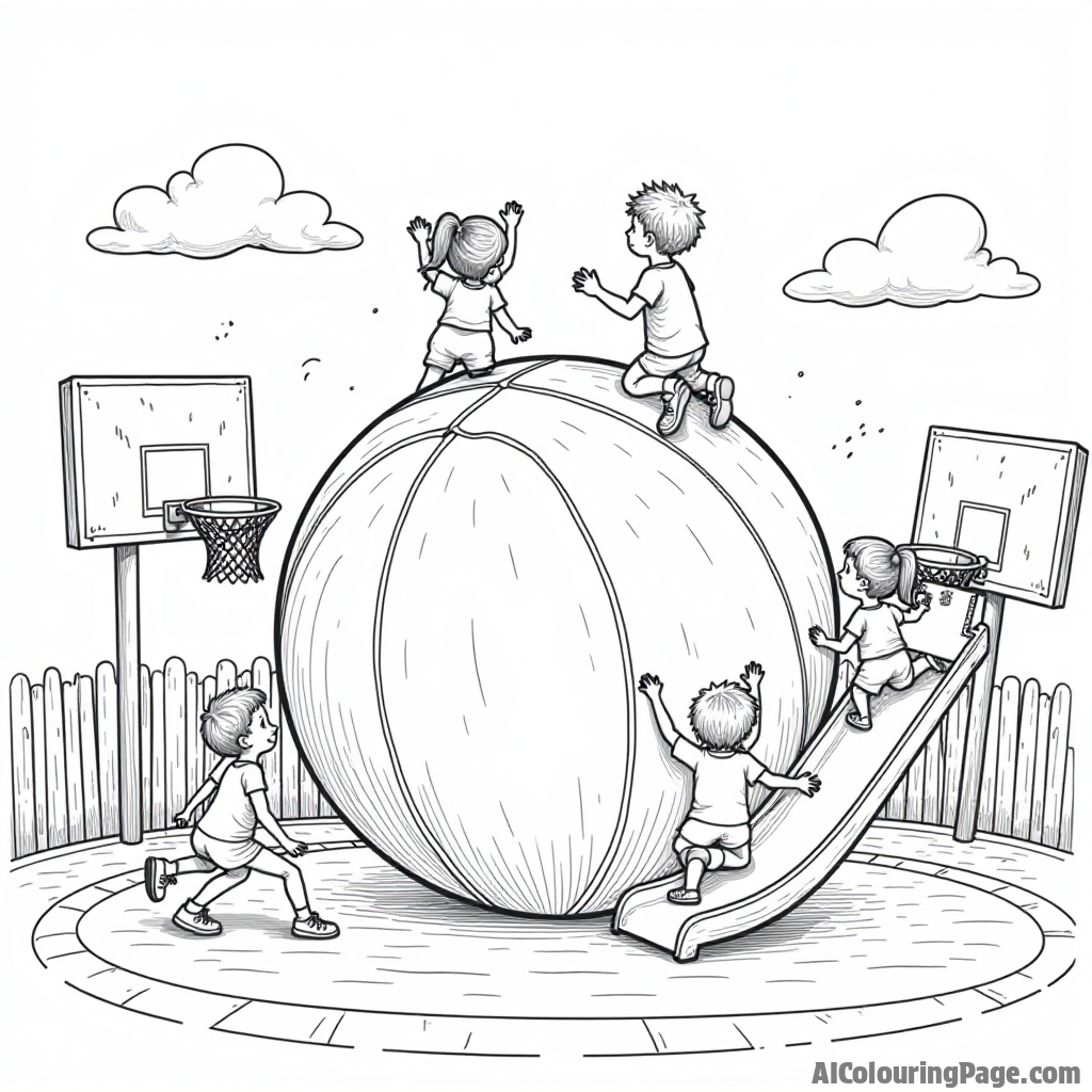 A basketball-themed playground with kids climbing on a giant basketball, sliding down from it, and playing, creating an imaginative scene perfect for young artists to color.