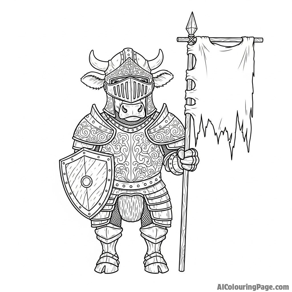 A cow knight in intricately engraved plate armor, holding a tattered banner.