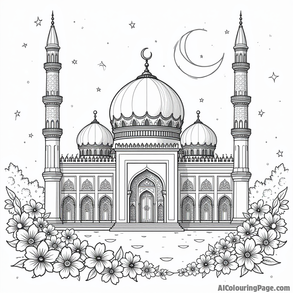 An intricately designed mosque with tall minarets and a large dome, surrounded by blooming flowers, representing the beauty of Ramadan. Festivals and Traditions Coloring Sheets.