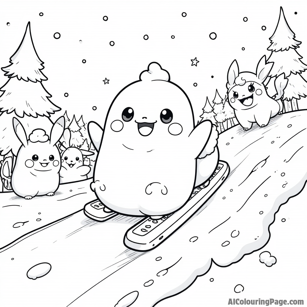 A cheerful Goomy sliding down a slippery slope with other Pokémon cheering it on in a fun winter wonderland.