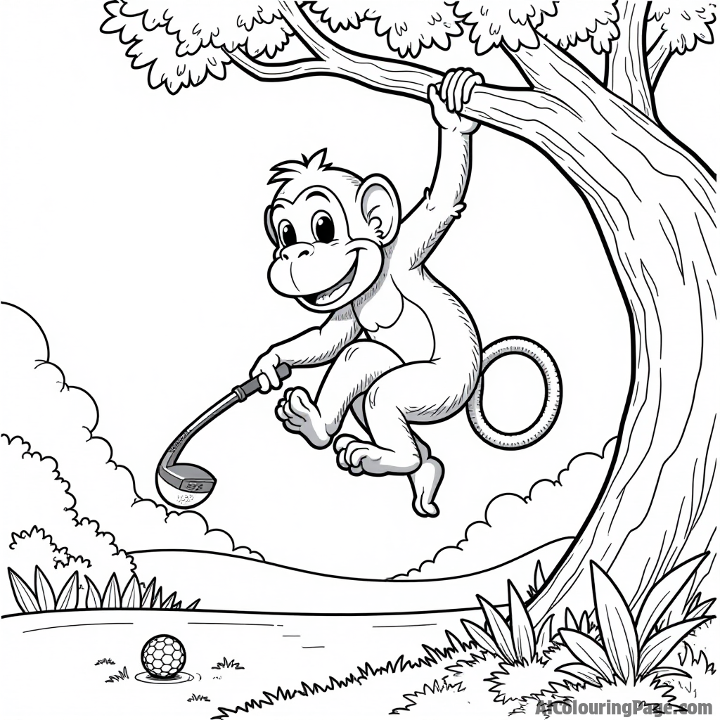 An adventurous monkey swinging from a tree branch with a golf club in hand, looking down at a golf ball on the ground, with jungle scenery in the background.