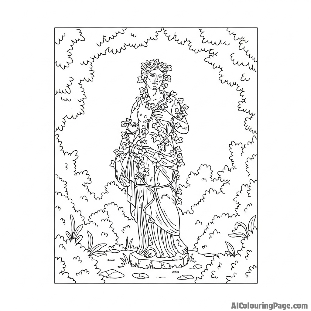 A forgotten statue overgrown with ivy in a secret garden.