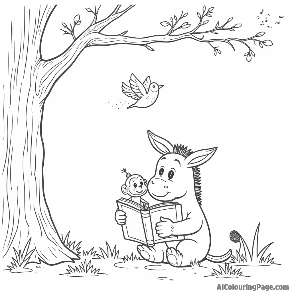 A donkey reading a book under a tree, with a curious monkey peeking over the pages and birds singing