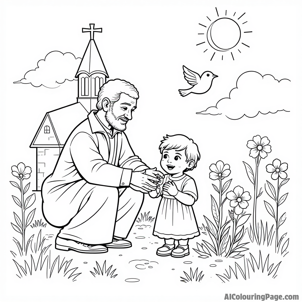 A pastor and a child planting flowers outside a church, with a sunny sky and cheerful birds singing above.