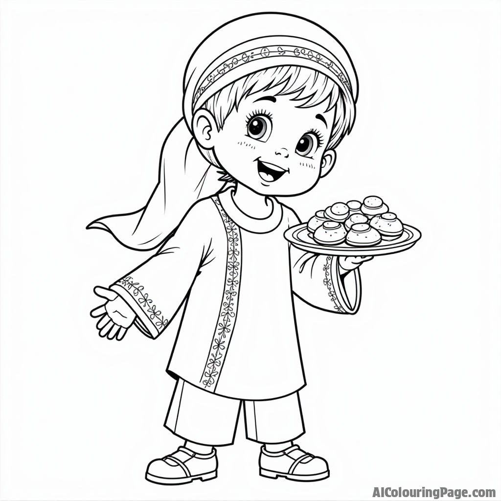 A cheerful child wearing a traditional outfit, holding a plate of cookies and dates, excited to celebrate Ramadan with family and friends. Festivals and Traditions Coloring Sheets.