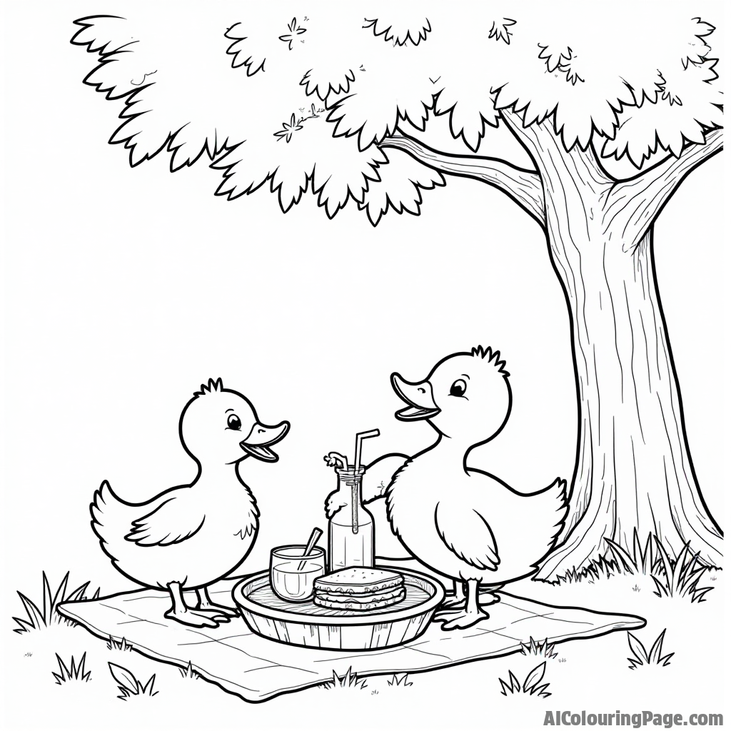 A duck enjoying a picnic with friends, sharing sandwiches and lemonade under a big shady tree.