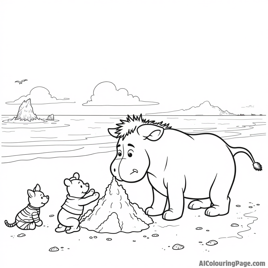 Eeyore building a sandcastle at the beach, with Pooh and Piglet helping him, while Tigger splashes in the waves.