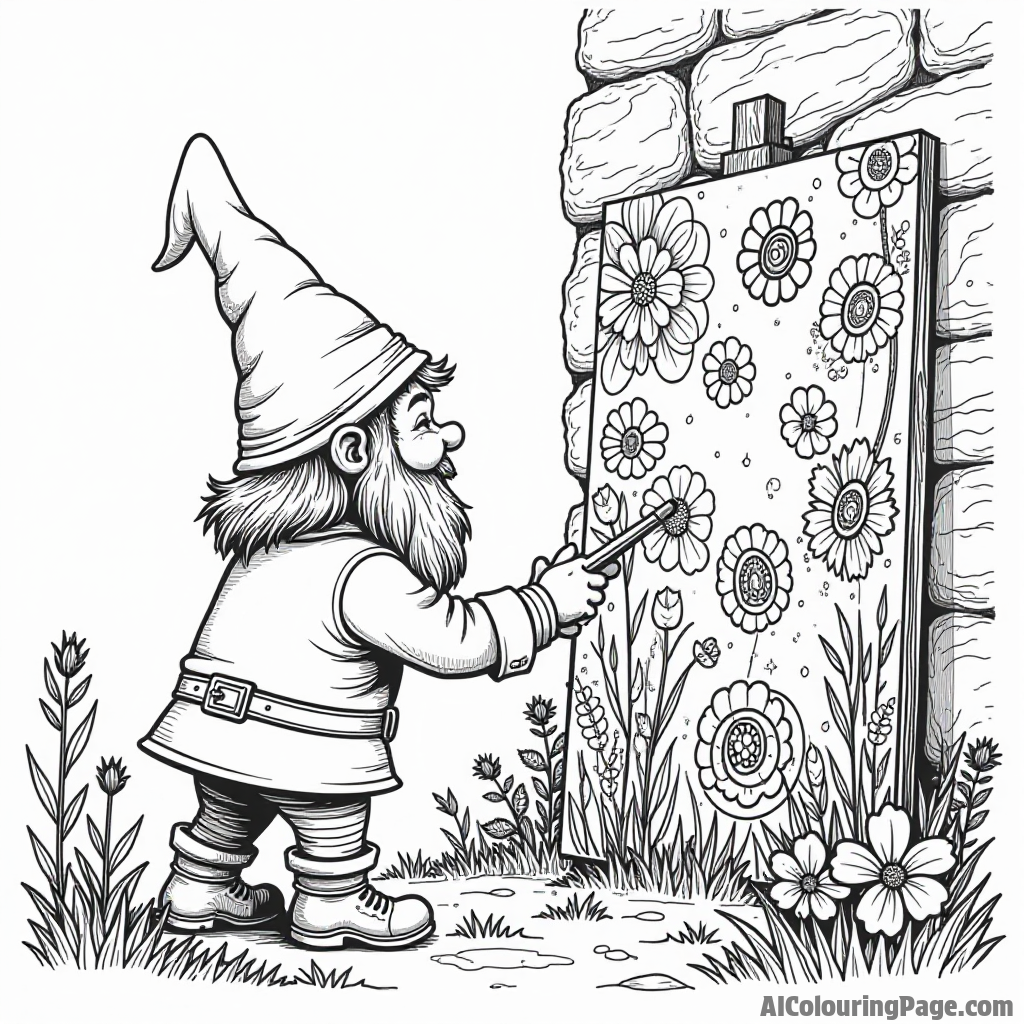 A gnome painting a mural on a giant stone wall with colorful designs, flowers, and whimsical creatures coming alive.