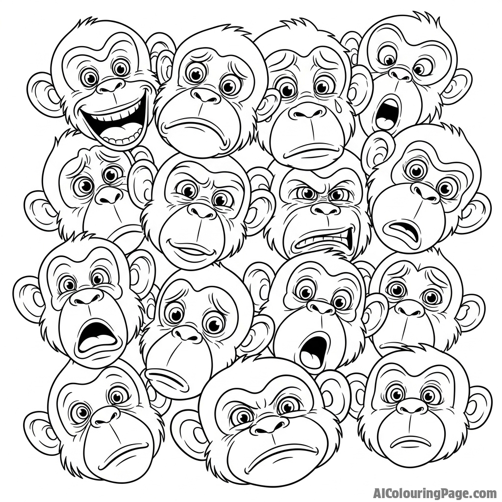 A composition of multiple monkeys' faces, showing a wide range of emotions.