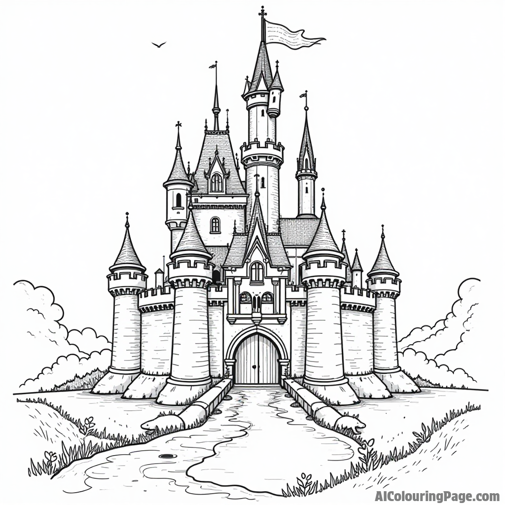 A castle with tall towers and flags flying, surrounded by a moat and magical creatures roaming nearby.