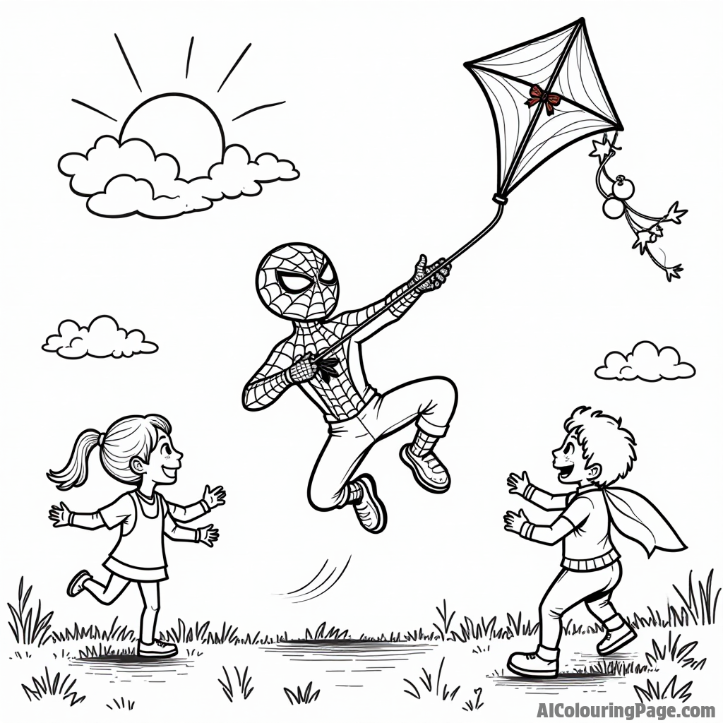 Spiderman flying a kite with children, colorful kites soaring in the sky, a sunny day full of laughter