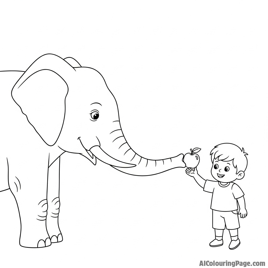 A child offering a piece of fruit to an elephant's outstretched trunk.