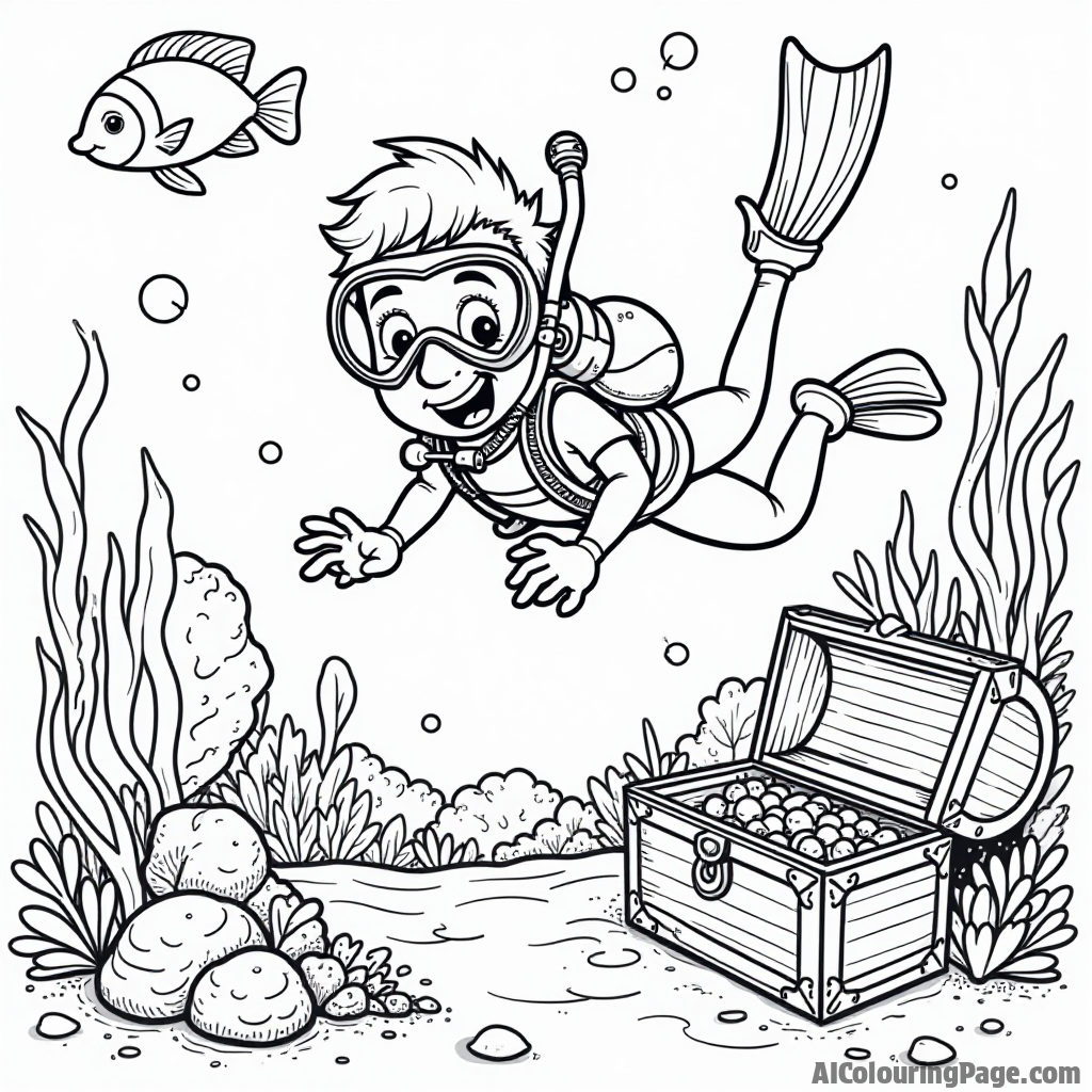 A cheerful scuba diver exploring a colorful coral reef with tropical fish swimming around, while a treasure chest peeks out from behind a rock, inviting young adventurers to color.