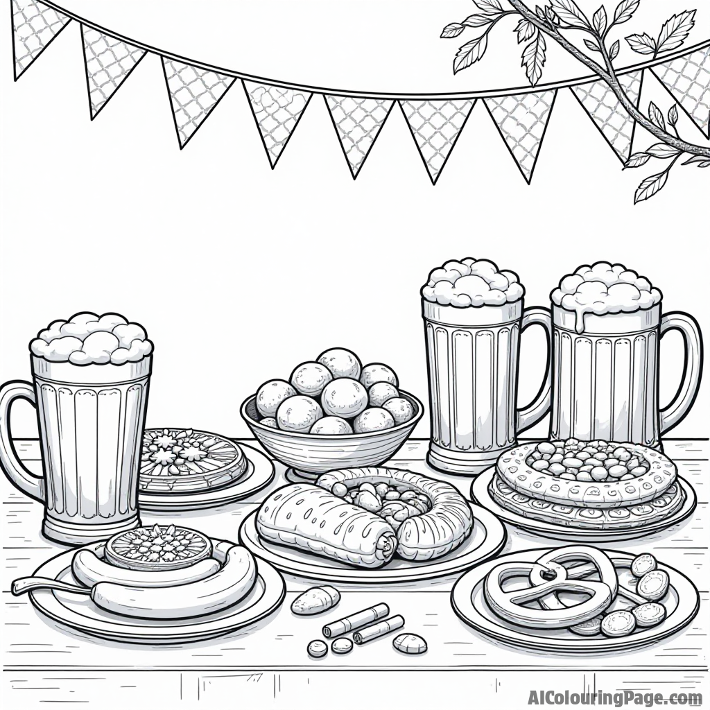 A festive Oktoberfest table setting with an array of delicious foods like sausages, pretzels, and beer mugs, surrounded by cheerful decorations and a festive ambiance for coloring.