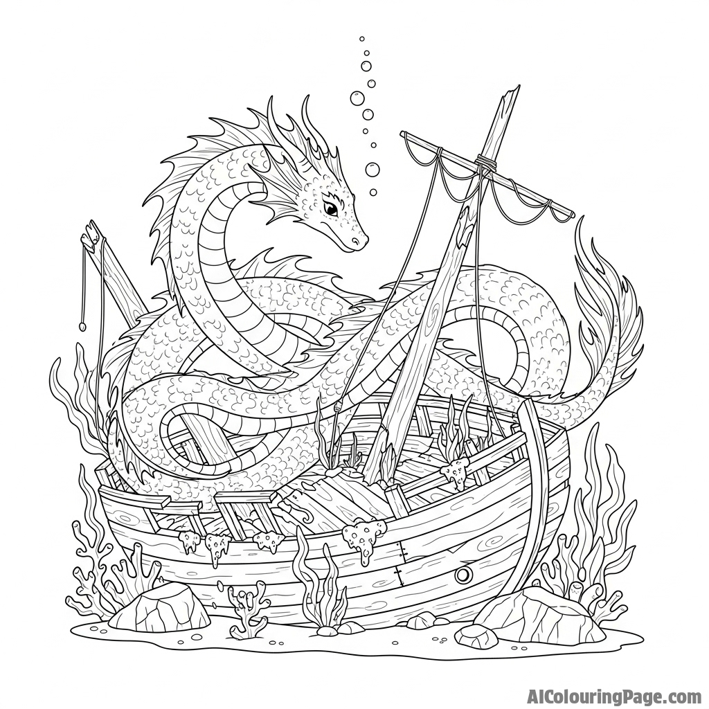 A serpentine sea dragon coiling around a shipwreck at the bottom of the ocean.