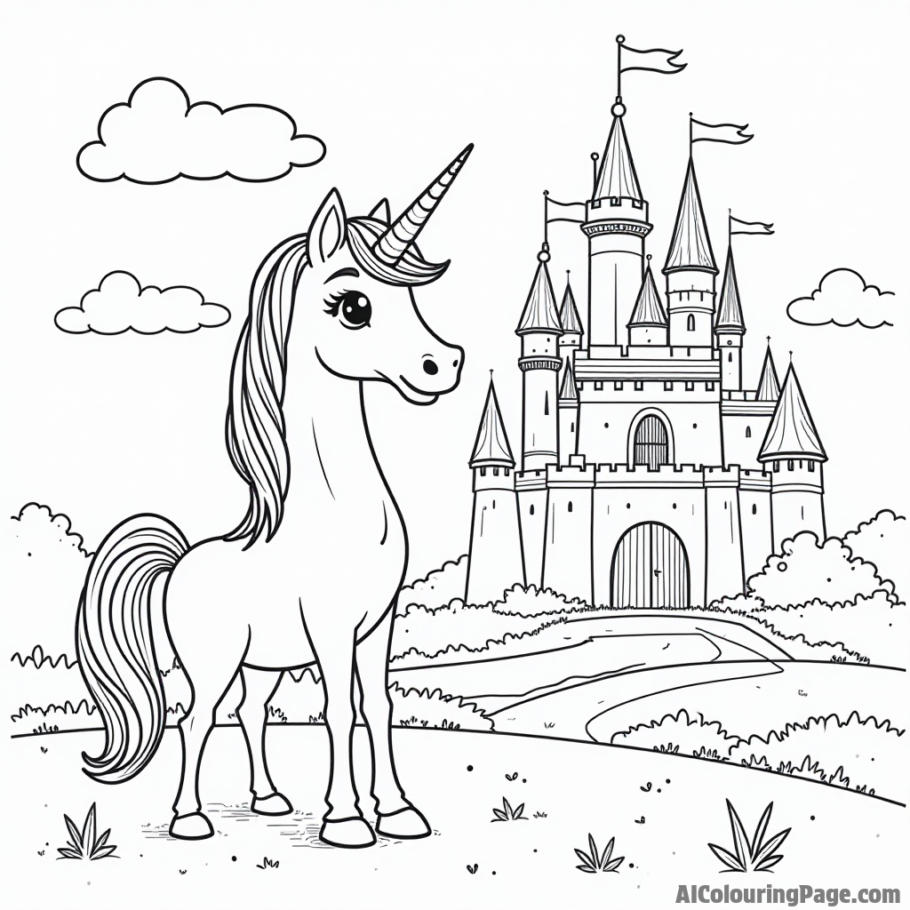 A unicorn standing in front of a castle with flags waving and a moat, inviting kids to explore their creativity.