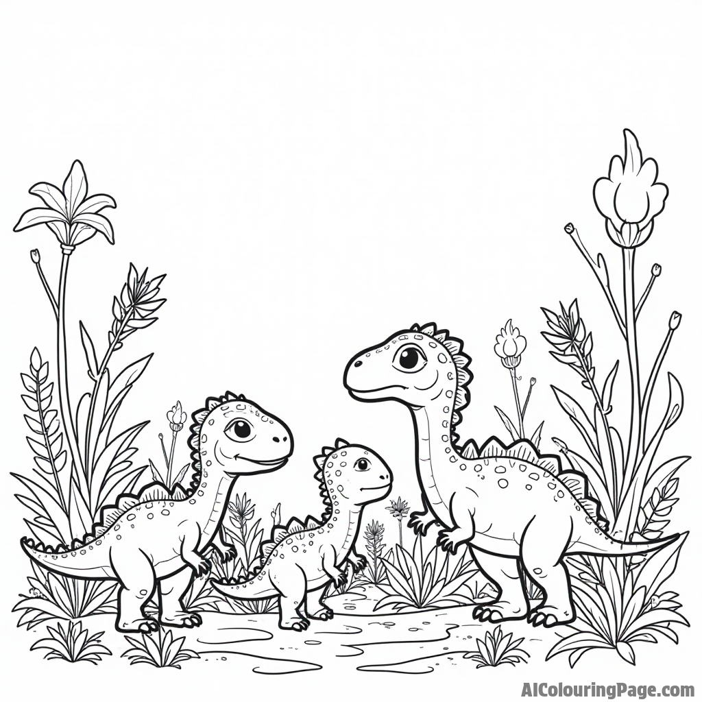 A family of tiny compy dinosaurs exploring a colorful patch of blooming plants in a prehistoric garden.