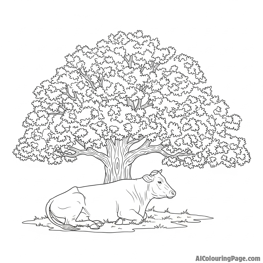 A cow lying down, resting under the heavy shade of a large oak tree.