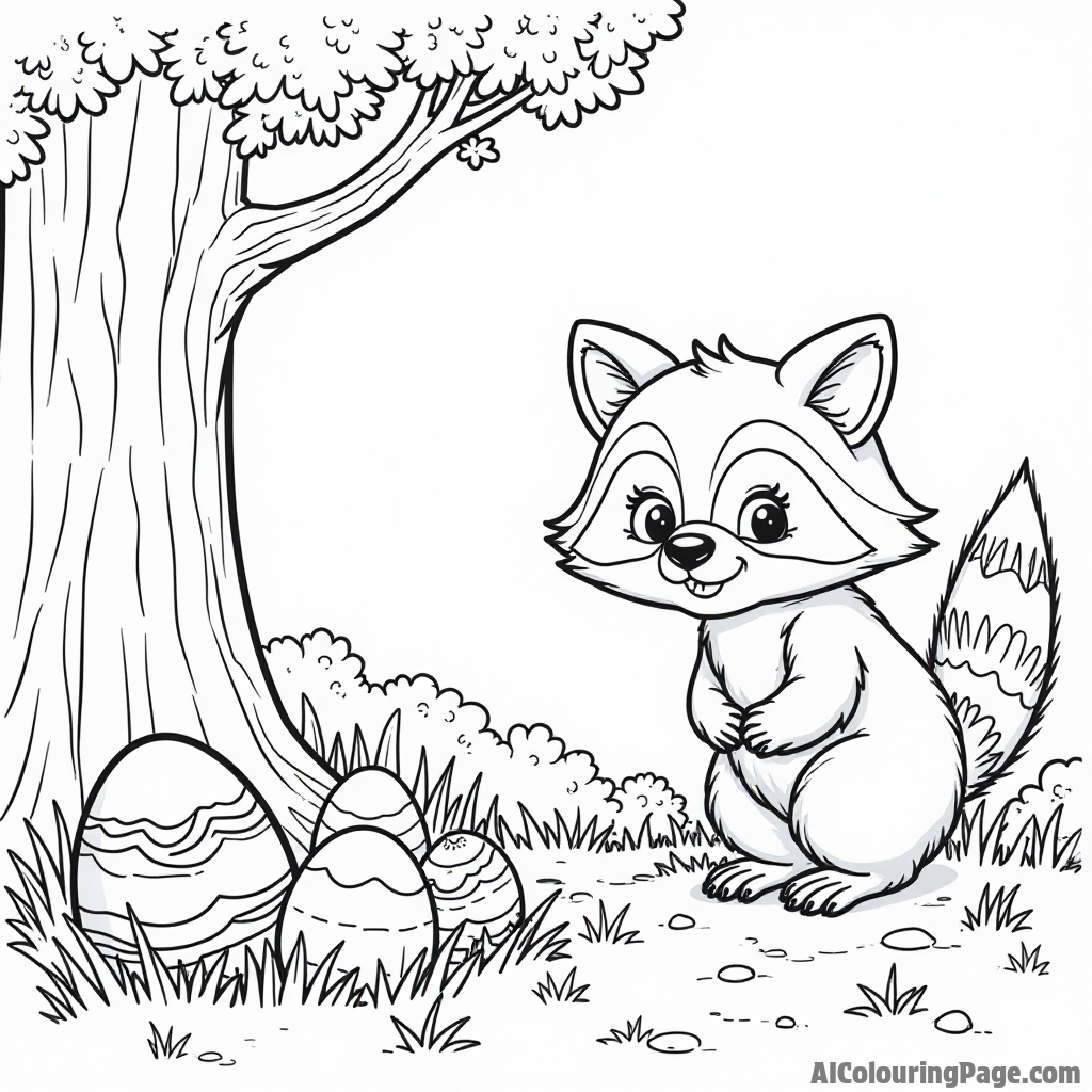 A playful raccoon hiding behind a tree, peeking out at children searching for Easter eggs in the forest.