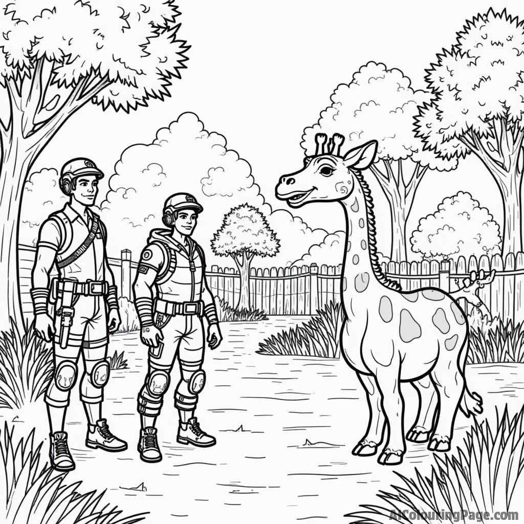 A playful Fortnite scene at a zoo with characters interacting with various animals and enjoying the day for kids to color