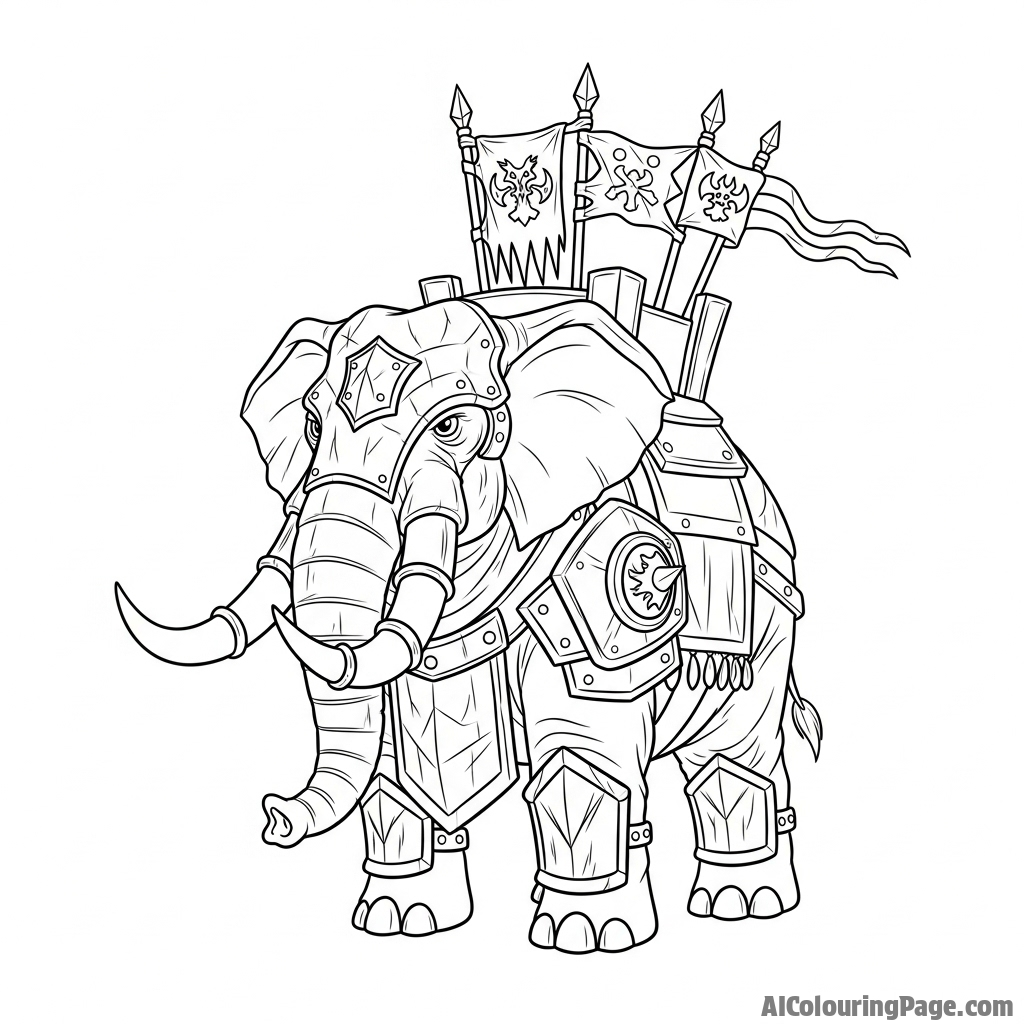 An armored war elephant from a fantasy epic, adorned with battle standards.