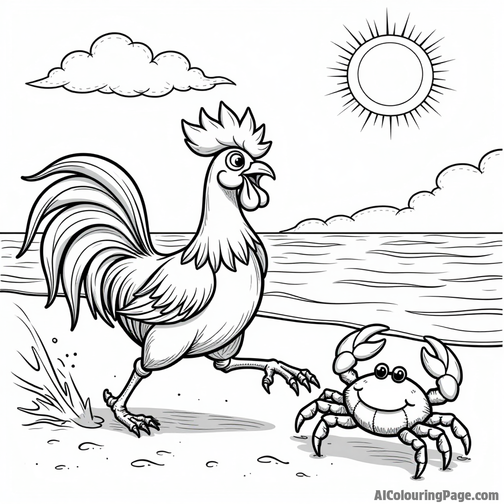 Heihei the rooster chasing after a playful crab on the beach, with the sun shining brightly overhead.