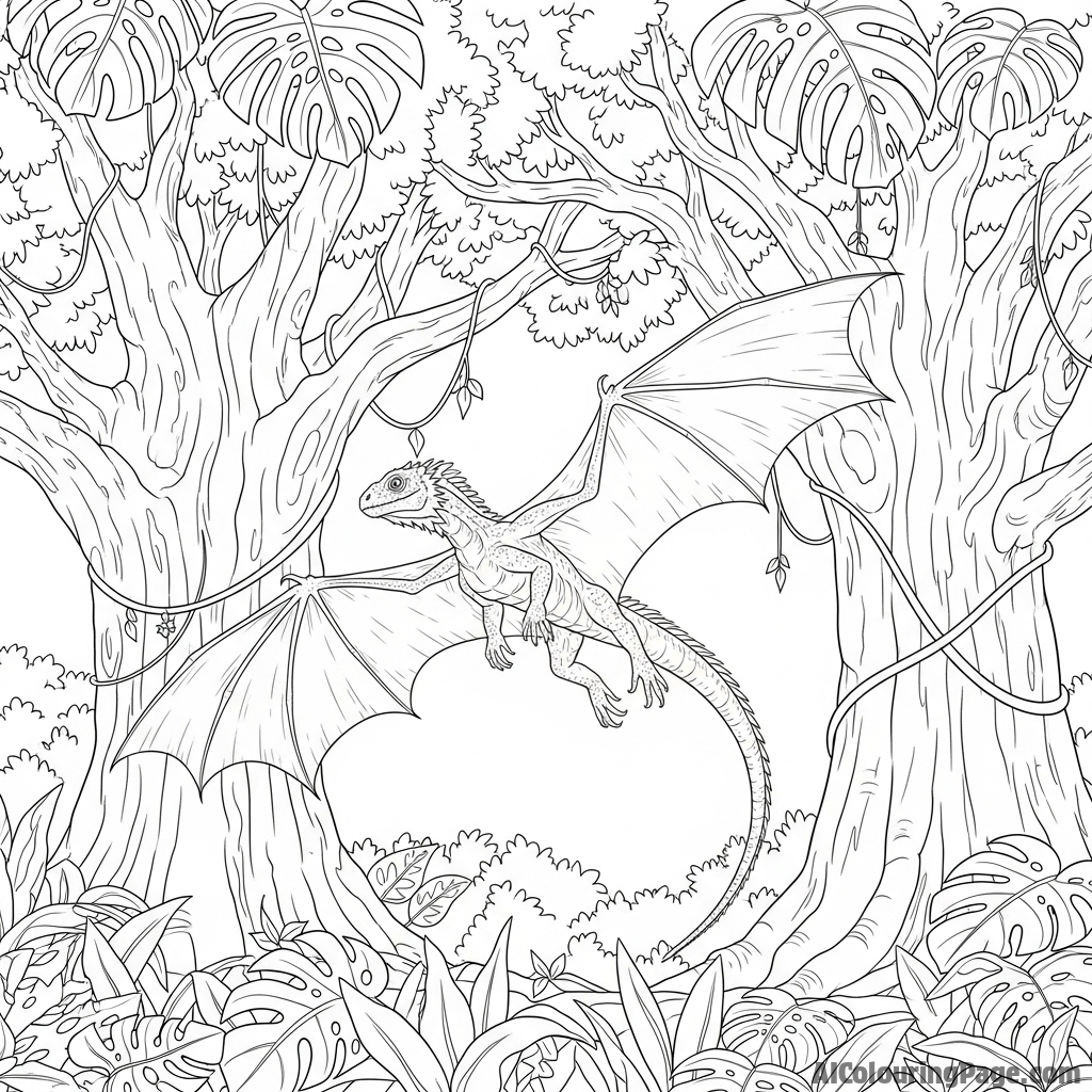 A flying dragon lizard gliding between two massive trees in a dense jungle.