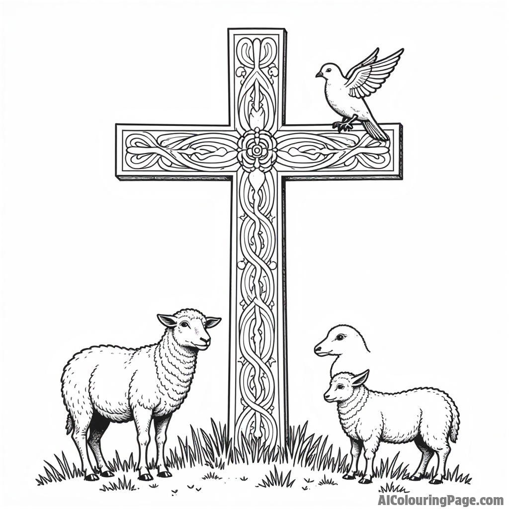 A large cross with intricate designs, surrounded by peaceful animals like sheep and doves, perfect for detailed coloring fun.