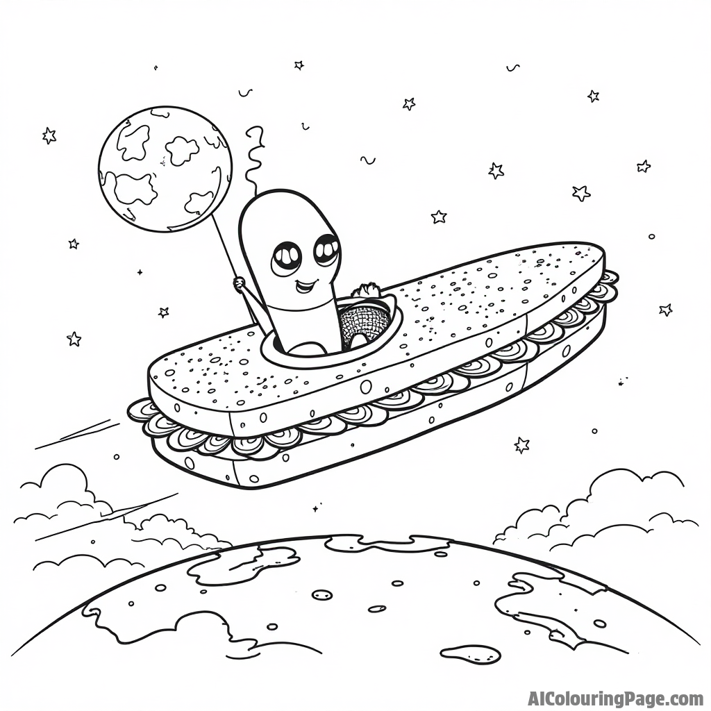 A funny sandwich alien landing on Earth with a spaceship made of bread and ingredients, curious about human sandwiches.